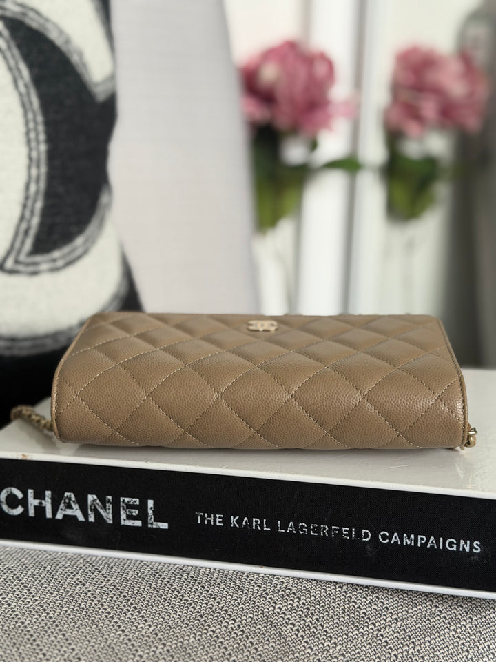 CHANEL 22A Dark Beige Caviar LGHW Classic Wallet on chain (WOC) 2023