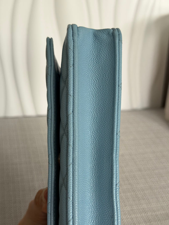 CHANEL 22S Collection 2022 Baby Blue/ Light Blue Caviar LGHW Classic Wallet on chain (WOC)