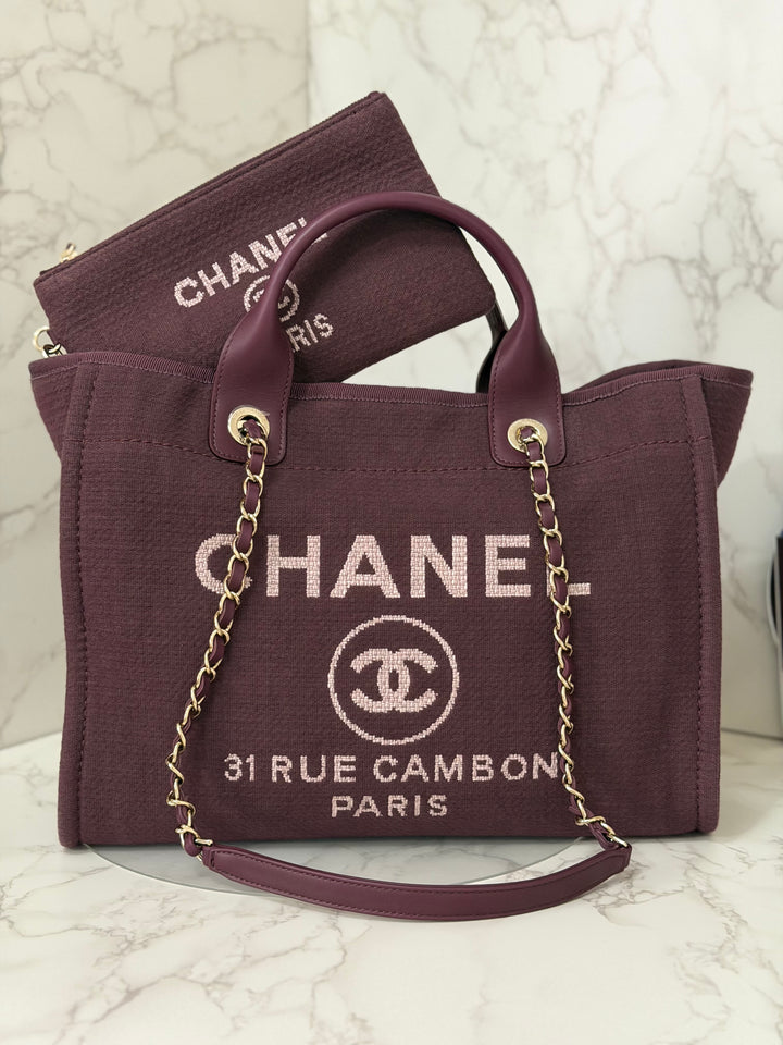 Chanel 24B Collection 2024 Burgundy Tweed Deauville Tote with Leather top handle size small and Detachable pouch