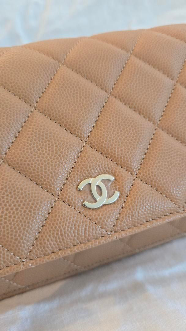 CHANEL 23P Caramel Dark Beige Caviar LGHW Classic Wallet On Chain (WOC)