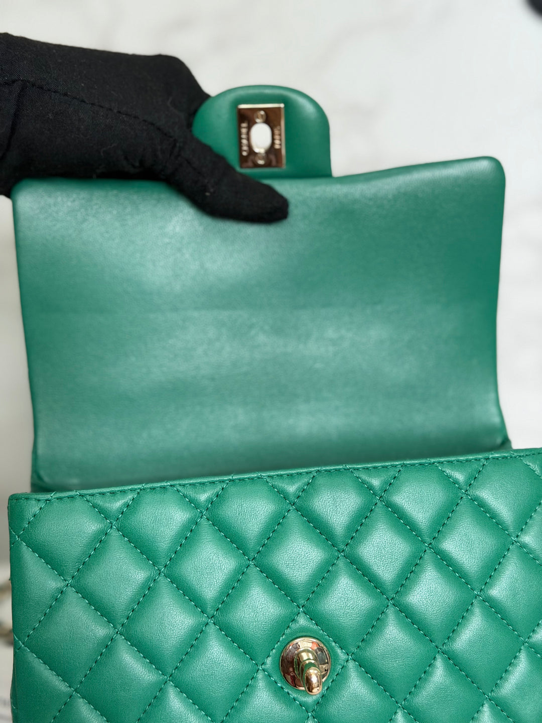 CHANEL Green Lambskin LGHW Mini Rectangular Flap Bag with Top Handle 2022 22A collection