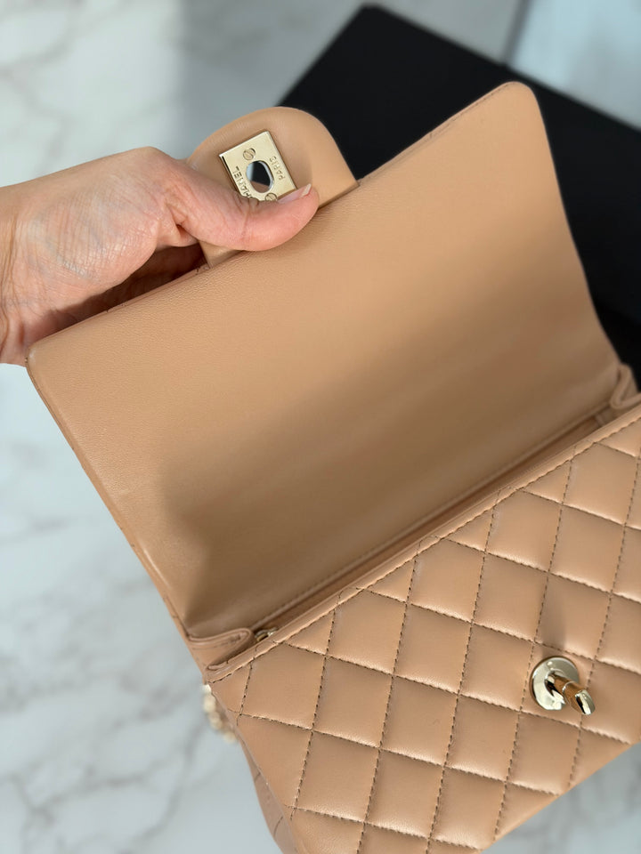 CHANEL 23K 2023 Dark Beige NR649 Lambskin LGHW Mini Rectangular Flap Bag with Top Handle