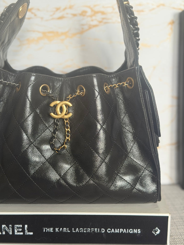 CHANEL Black Shiny Calf Skin Mixed Hardware 25 Hobo Bag size SMALL 2025/2026