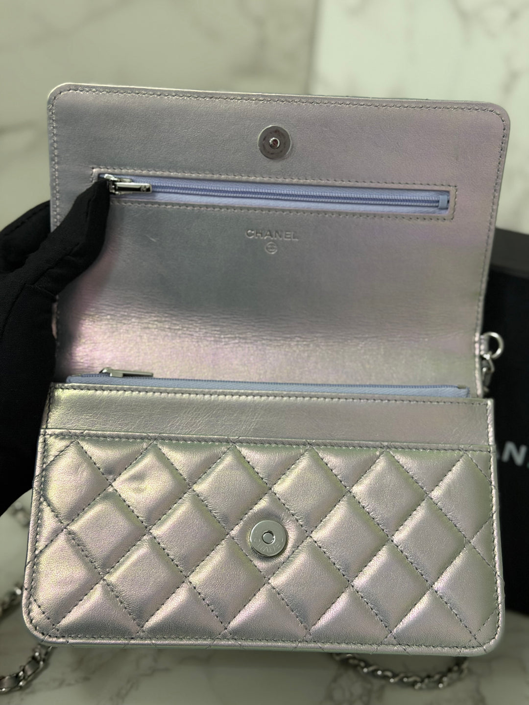 CHANEL 21K Silver Lambskin SHW Classic Wallet On Chain (WOC)
