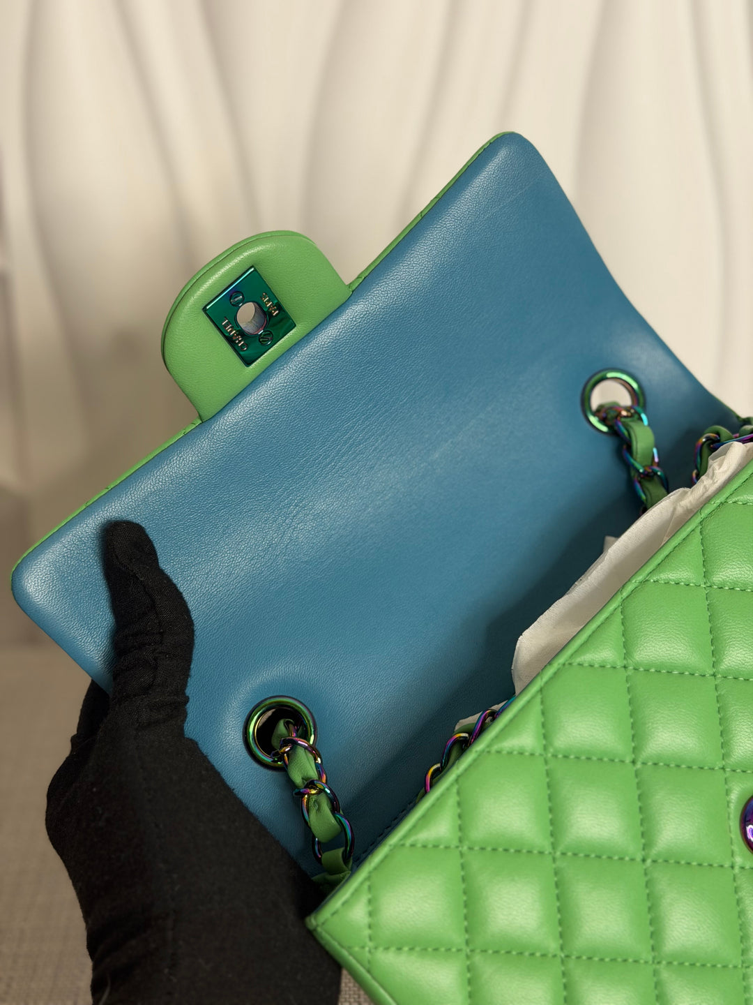 CHANEL series 31 21P Two Tone Green Blue Lambskin Rainbow Iridescent Hardware Mini Rectangular Flap Bag 2021