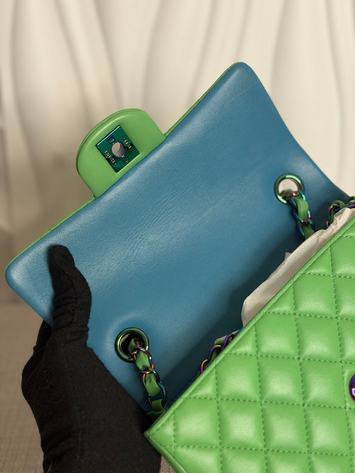 CHANEL series 31 21P Two Tone Green Blue Lambskin Rainbow Iridescent Hardware Mini Rectangular Flap Bag 2021