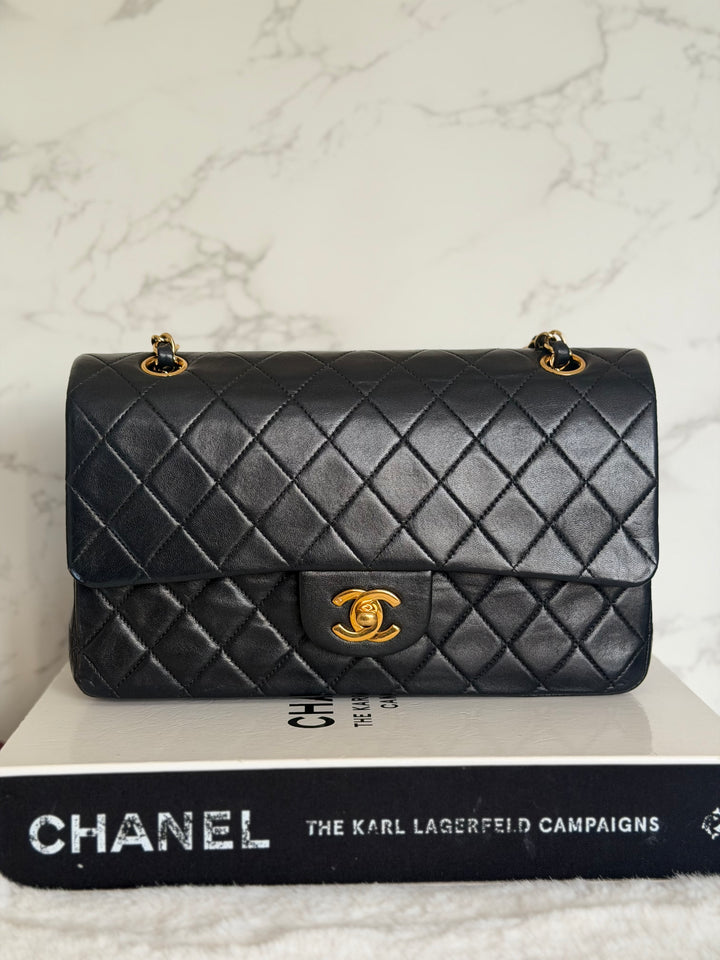 CHANEL series 6 Black Lambskin 24K GHW Vintage Medium ML Timeless Classic Double Flap Bag circa 2000-2002