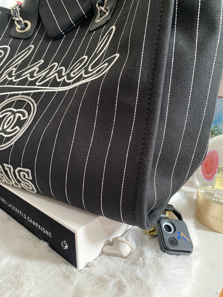 Chanel 23P 2023 collection in Black/White Stripe Canvas Deauville Tote with Top Handle and detachable pouch size Medium (15 inches)