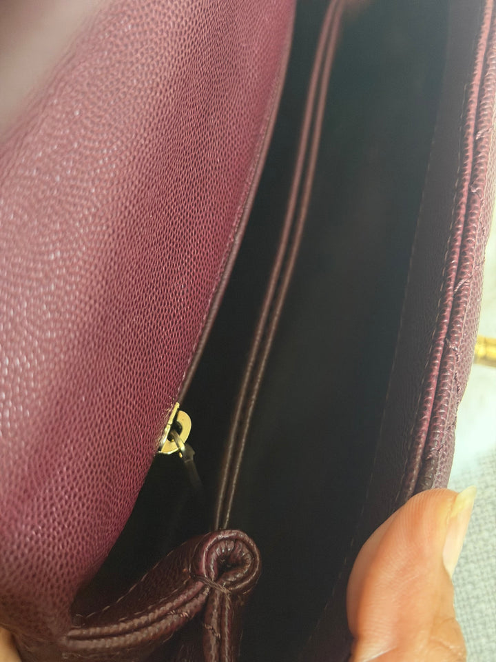 CHANEL series 26 Burgundy Caviar Aged GHW Coco Handle Flap Bag size SMALL with Pink sea snake handle 2018