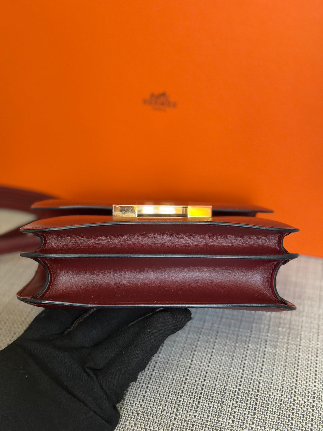 HERMÈS Rouge H Box Leather GHW Mini Constance 18 Flap Bag stamp D 2019