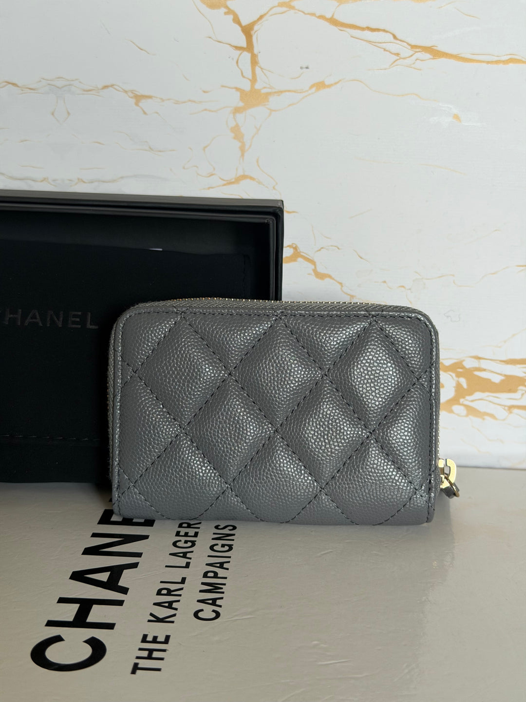 CHANEL 21K 2021 Grey Caviar Big Logo Zippy Coin Purse LGHW