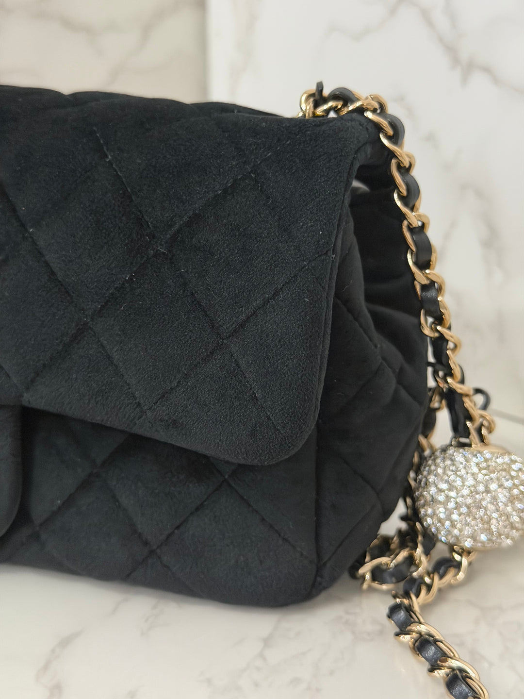 CHANEL series 30 20K collection 2020 Black Velvet Crystal Pearl Crush Adjustable Strap LGHW Mini Rectangular Flap Bag