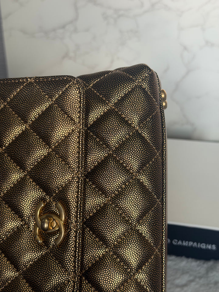 CHANEL series 28 19A Metallic Bronze Gold Caviar Aged GHW Coco Handle Flap Bag size SMALL with detachable shoulder strap 2019