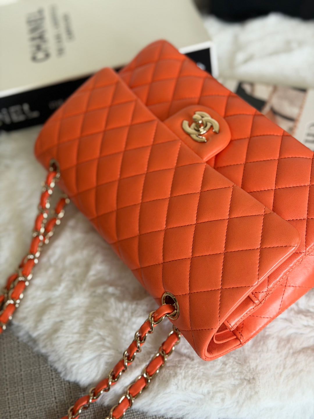 CHANEL 20S Orange Lambskin LGHW Medium ML Timeless Classic Double Flap Bag