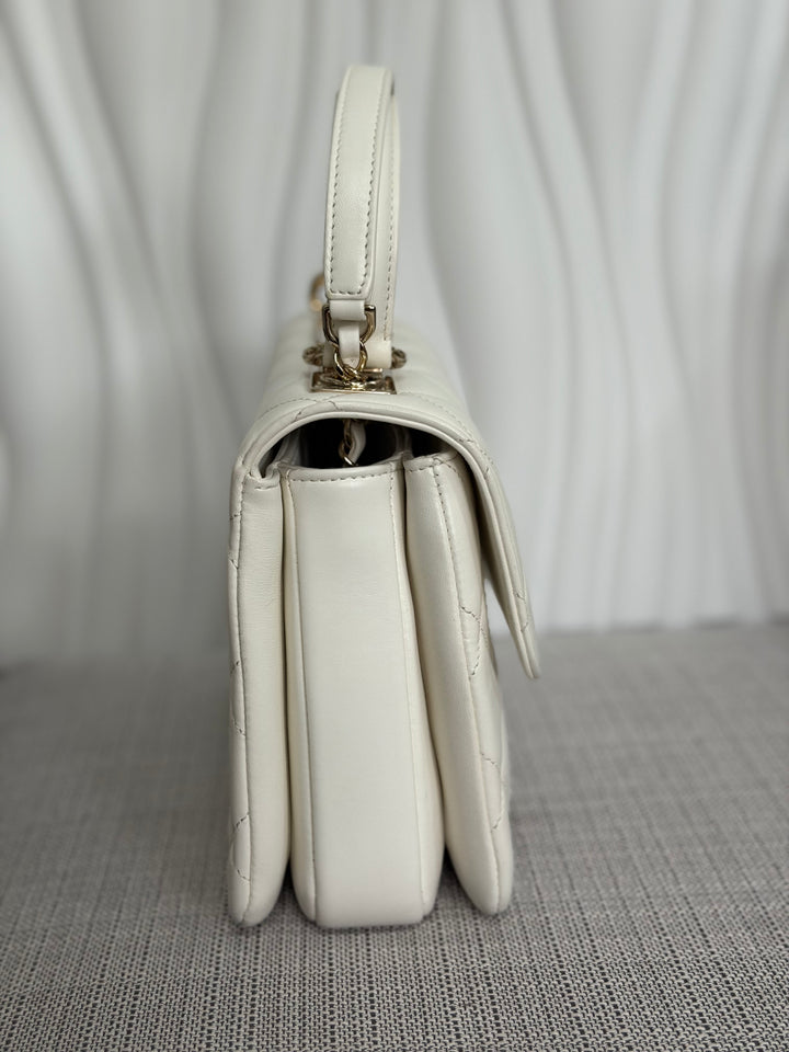 CHANEL 23S collection 2023 White Lambskin LGHW Trendy CC Flap Bag size Small with raised CHANEL Engraved Plate Top Handle