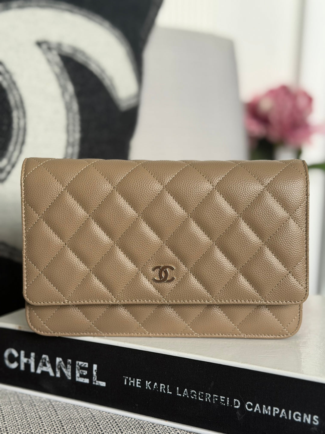 CHANEL 22A Dark Beige Caviar LGHW Classic Wallet on chain (WOC) 2023