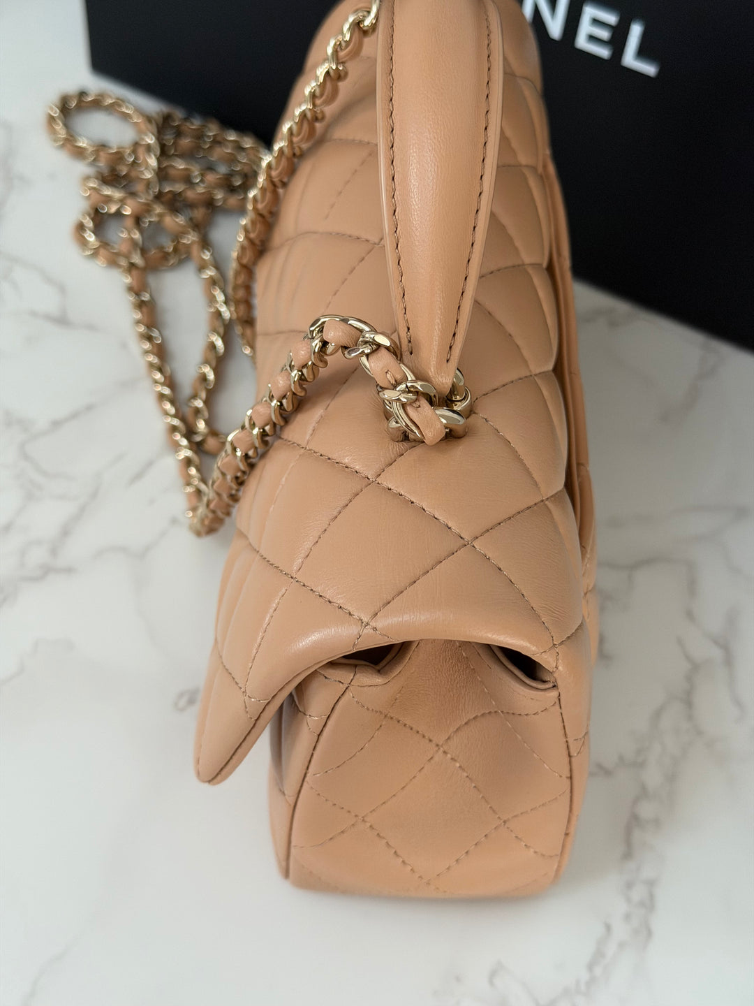 CHANEL 23K 2023 Dark Beige NR649 Lambskin LGHW Mini Rectangular Flap Bag with Top Handle