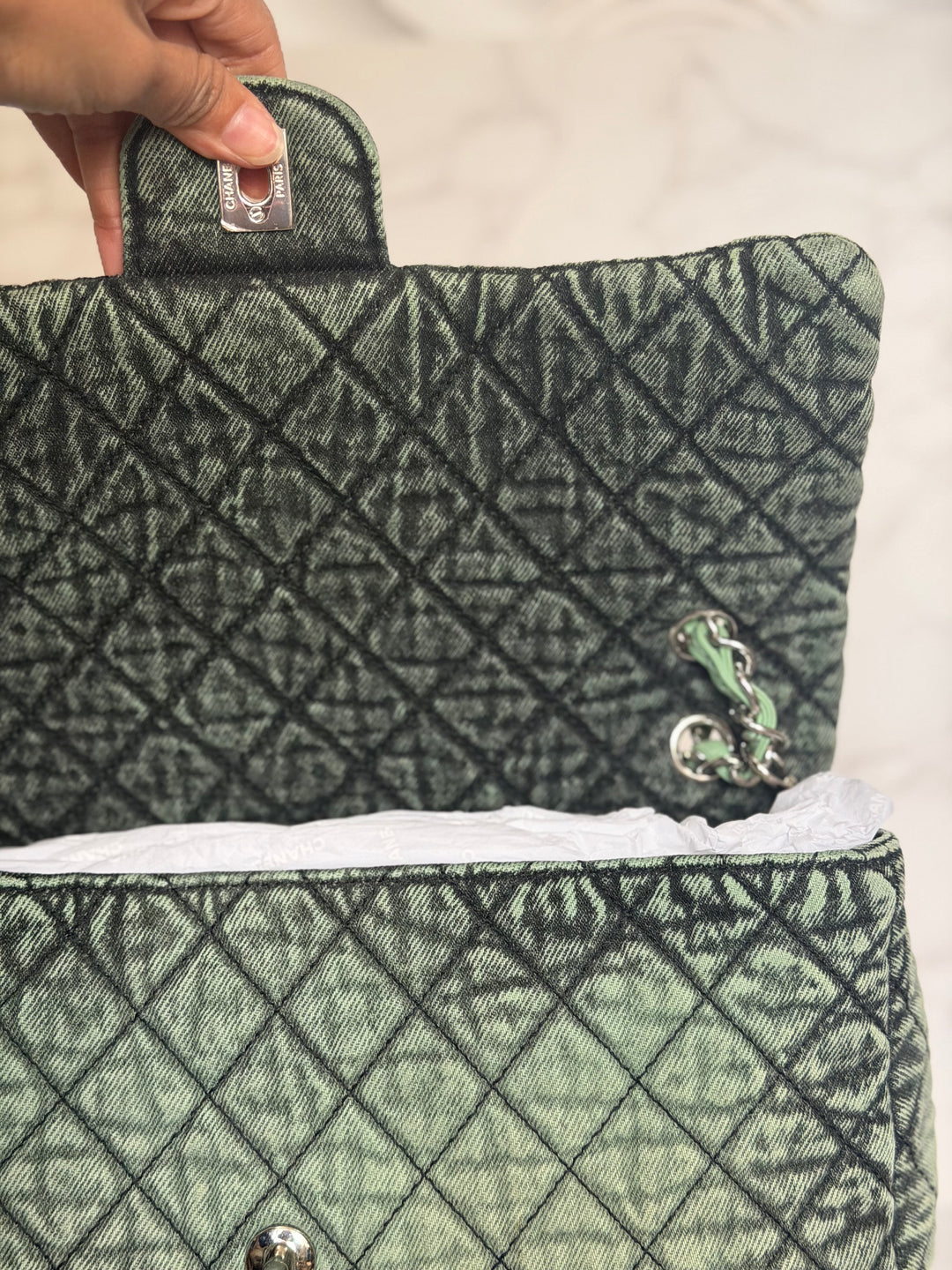 CHANEL 20C series 29 Green Denim Jumbo SHW Denimpression Flap Bag 2020