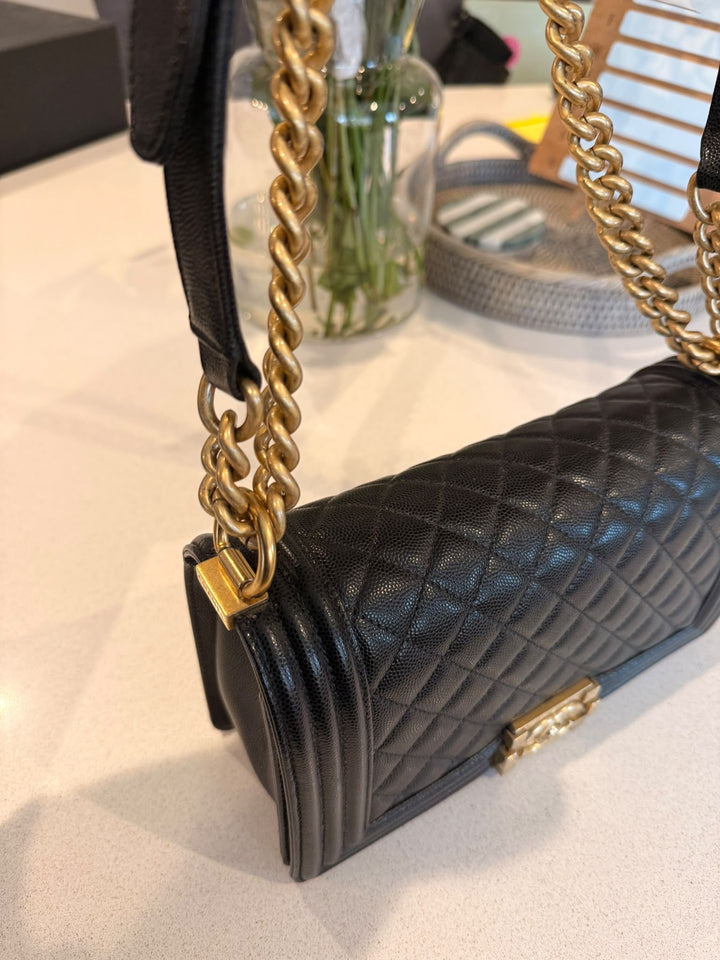CHANEL series 29 2019 Black Caviar aged GHW Le Boy Flap Bag size Old Medium 25 cms