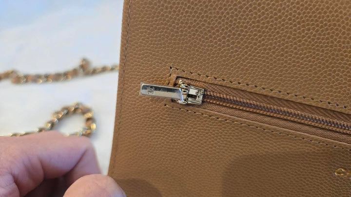 CHANEL 23P Caramel Dark Beige Caviar LGHW Classic Wallet On Chain (WOC)