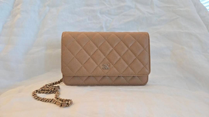 CHANEL 23P Caramel Dark Beige Caviar LGHW Classic Wallet On Chain (WOC)