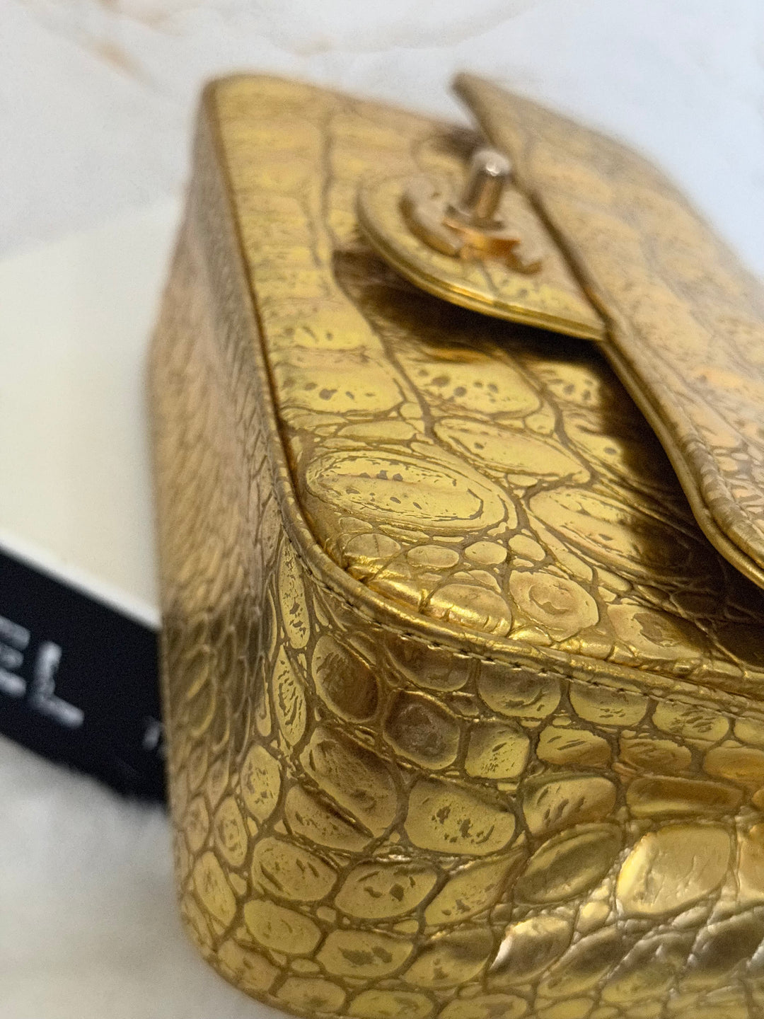 CHANEL series 28 19A Metiers d'Art collection Gold Croc Embossed Calf Skin Mini Rectangular Flap Bag with Aged GHW 2019 RARE