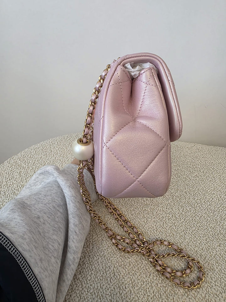CHANEL 23S Adjustable Pearl Mini (8.25 inches) Rectangular Flap Bag with Pink Lambskin Aged GHW