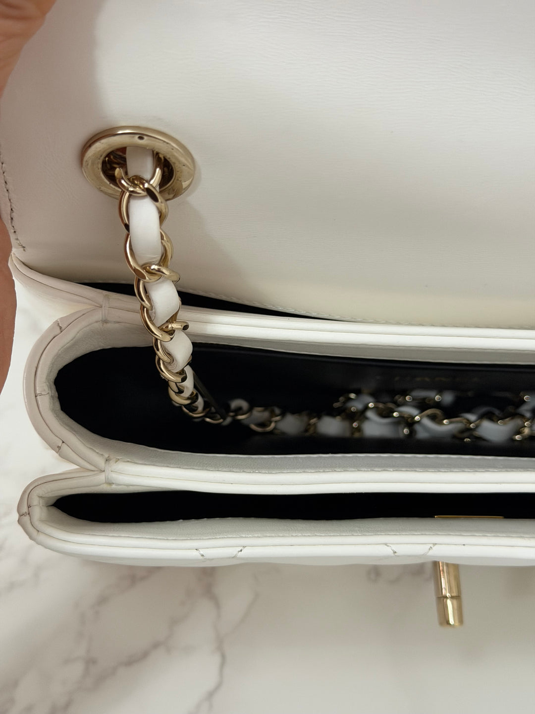 CHANEL 23S collection 2023 White Lambskin LGHW Trendy CC Flap Bag size Small with raised CHANEL Engraved Plate Top Handle