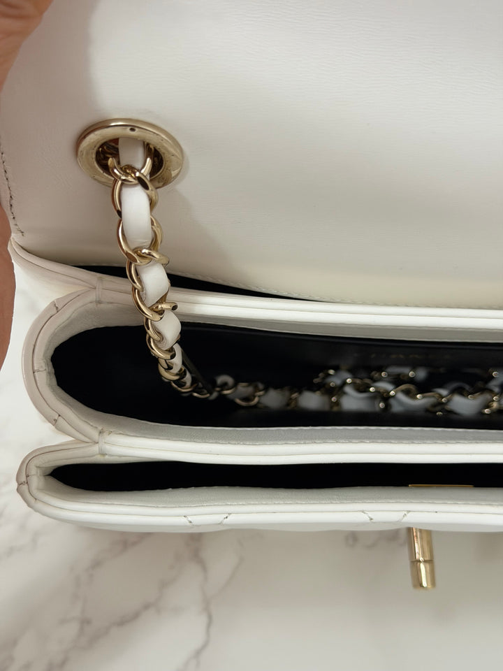 CHANEL 23S collection 2023 White Lambskin LGHW Trendy CC Flap Bag size Small with raised CHANEL Engraved Plate Top Handle