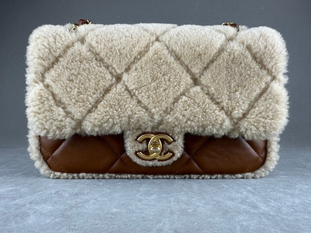 Chanel 24K Brown Lambskin Beige Shearling Medium Flap Bag with Sged GHW IT Bag