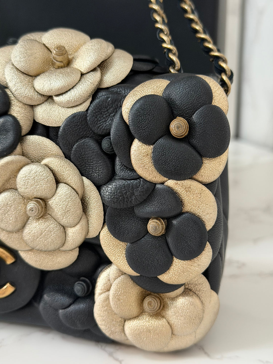 CHANEL series 21 Black Metallic Gold Camellia Flower Lambskin Mini Rectangular Flap Bag with Vintage GHW