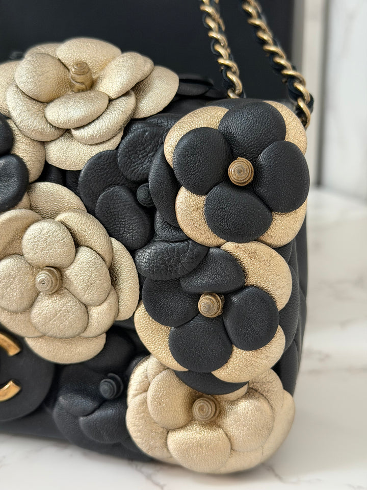 CHANEL series 21 Black Metallic Gold Camellia Flower Lambskin Mini Rectangular Flap Bag with Vintage GHW