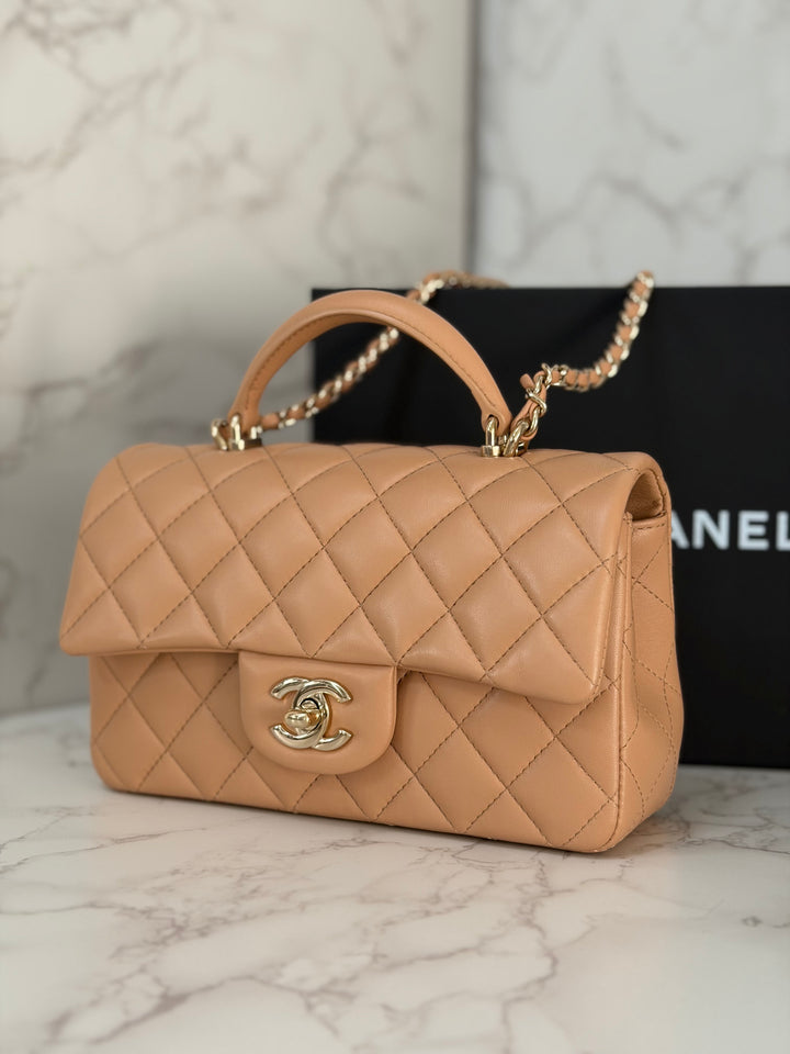 CHANEL 23K 2023 Dark Beige NR649 Lambskin LGHW Mini Rectangular Flap Bag with Top Handle