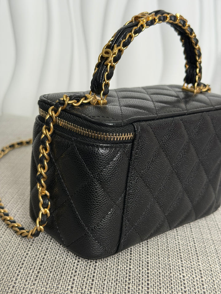 CHANEL Black Caviar Metal Top Handle Small Vanity with Chain 2025 Aged GHW