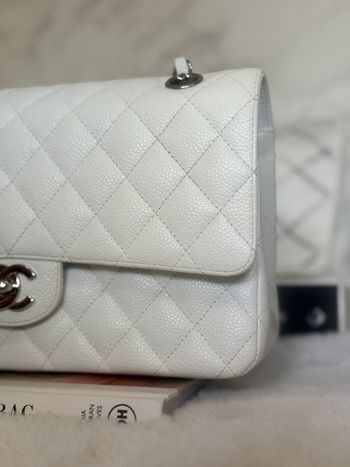 CHANEL series 12 Vintage White Caviar SHW Medium ML Timeless Classic Double Flap Bag 2009