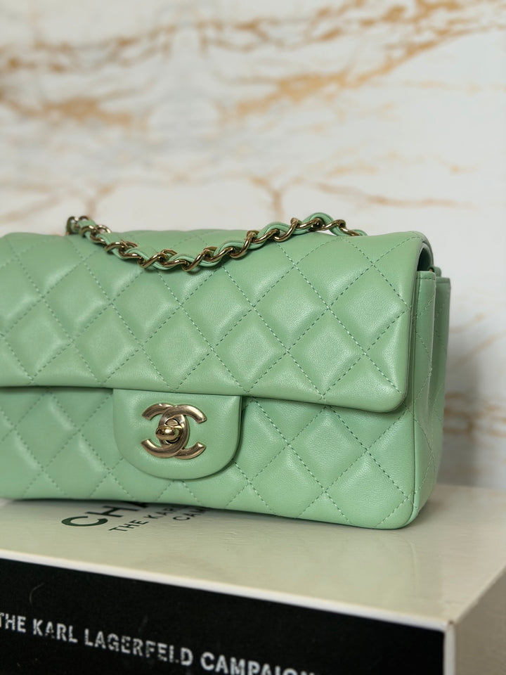 CHANEL Pastel Green Lambskin LGHW Mini Rectangular Flap Bag 2024 8 inches 20 cms