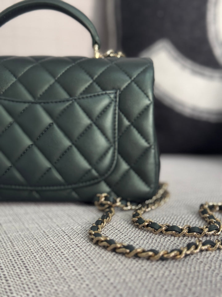 Chanel Iridescent Dark Green Lambskin Mini Rectangular Flap Bag with Top Handle and Champagne GHW