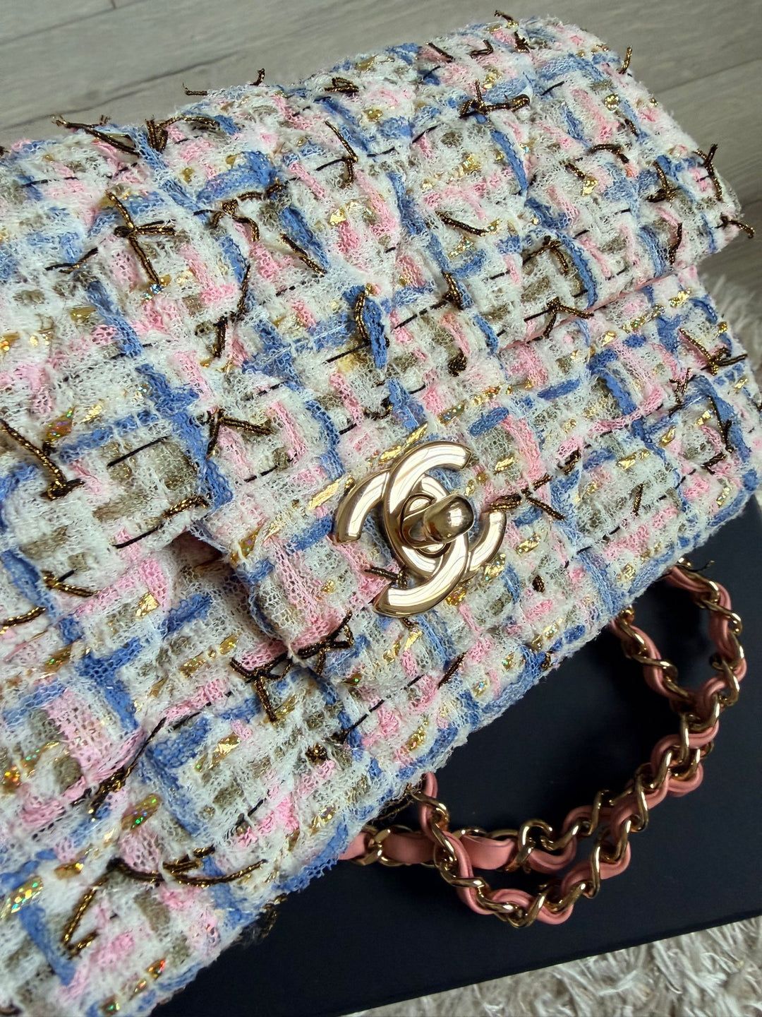 CHANEL Series 27 Pink Blue Green Ecru Gold Tweed Mini Flap Bag LGHW 2018