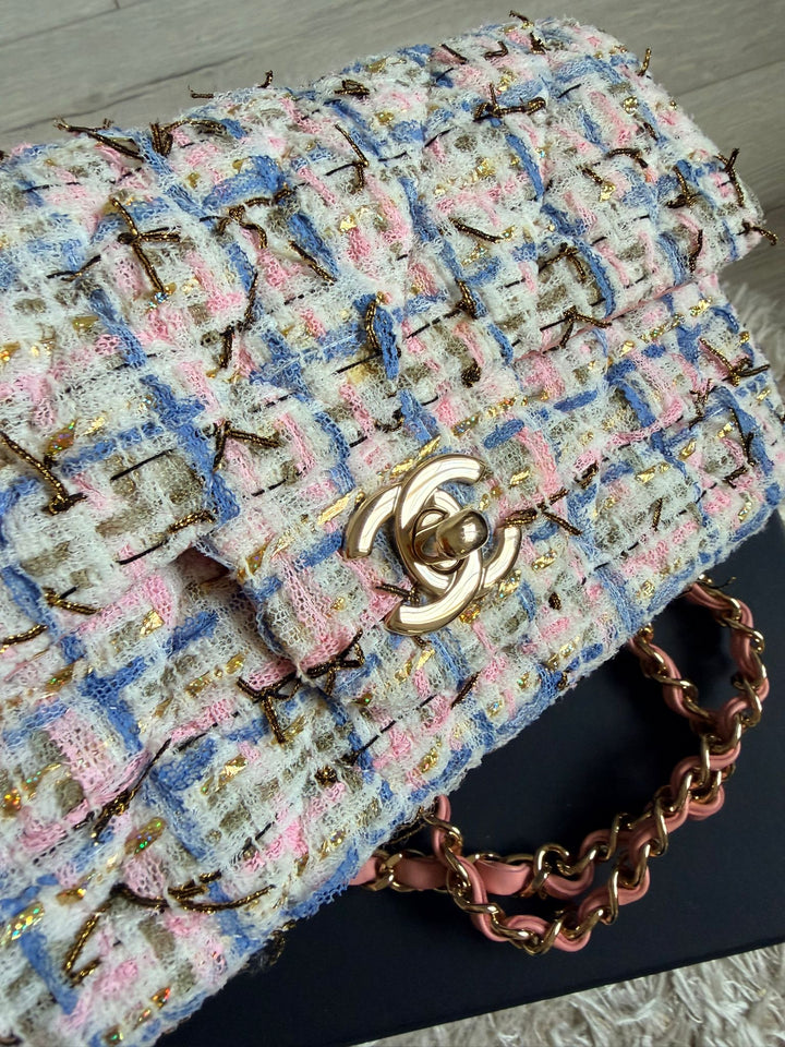 CHANEL Series 27 Pink Blue Green Ecru Gold Tweed Mini Flap Bag LGHW 2018