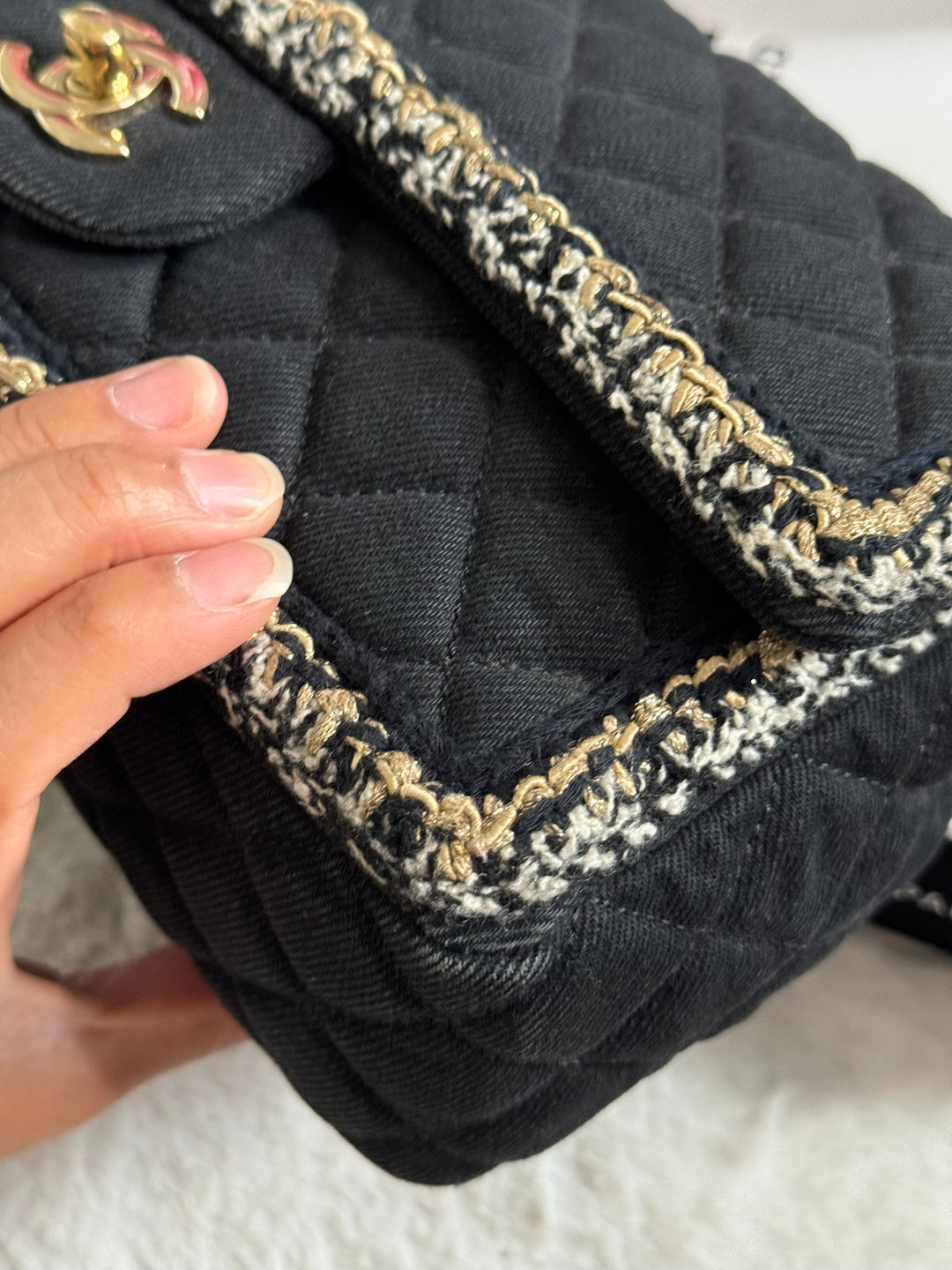 Chanel series 26 Black Denim LGHW Braided in Gold/White/Black Medium Flap Bag