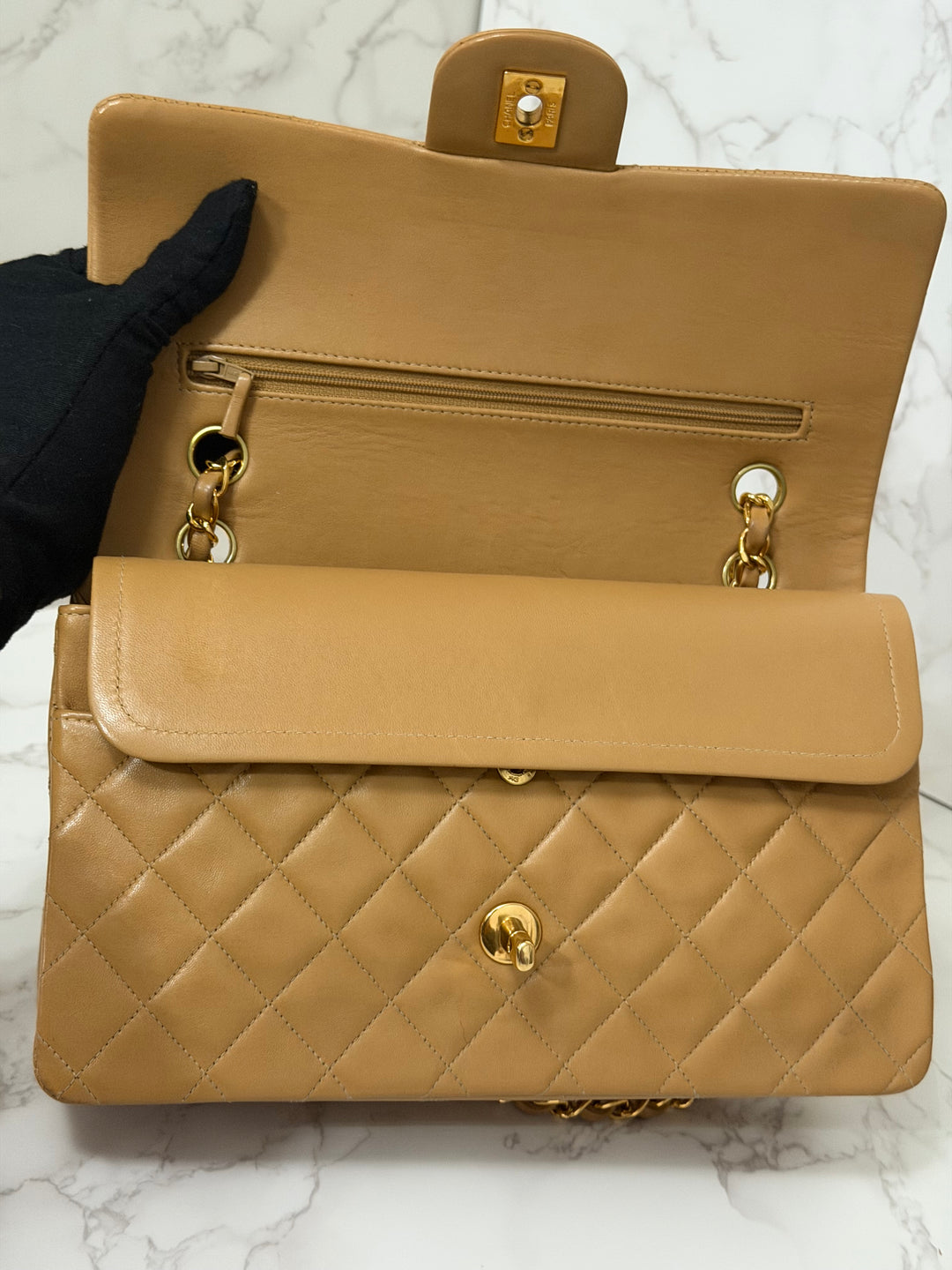 CHANEL series 4 Vintage 24K GHW Dark Beige Lambskin Timeless Classic Medium Double Flap Bag