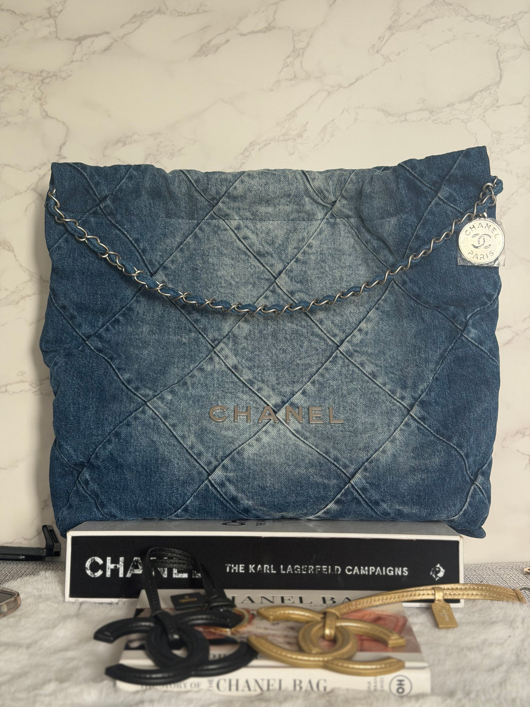 CHANEL Denim 22 Hobo Bag size Medium SHW with detachable pouch 2022