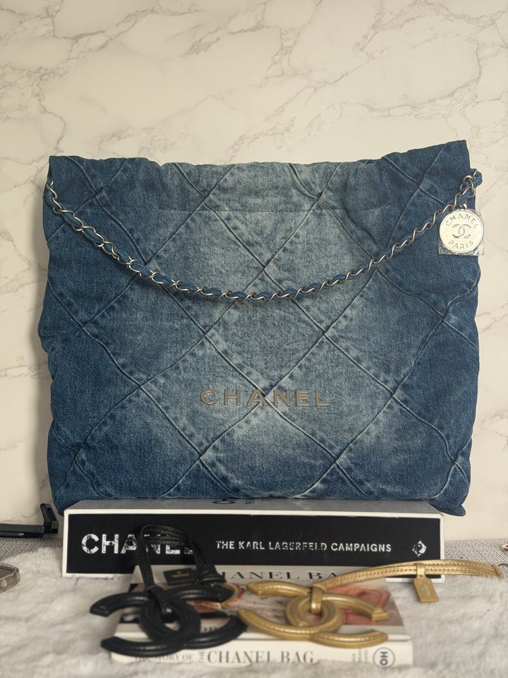 CHANEL Denim 22 Hobo Bag size Medium SHW with detachable pouch 2022