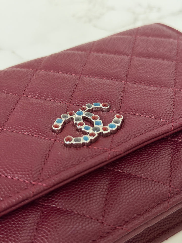 CHANEL 2024 Burgundy Caviar SHW Classic Wallet on chain (WOC) with crystal CC Logo