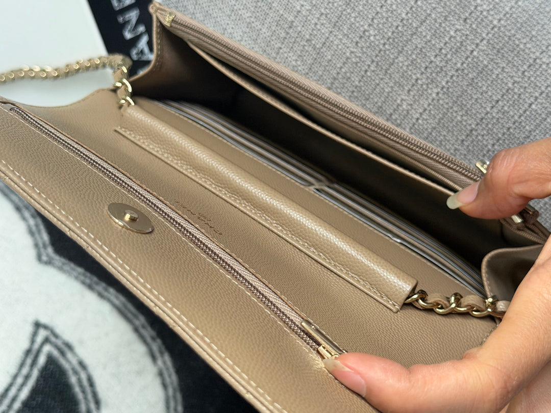 CHANEL 22A Dark Beige Caviar LGHW Classic Wallet on chain (WOC) 2023