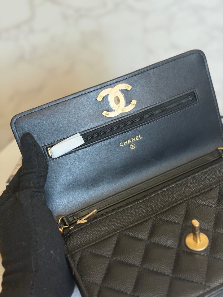 CHANEL Camellia Turnlock Black Lambskin Brushed GHW Classic Wallet on Chain (WOC) microchip 2023