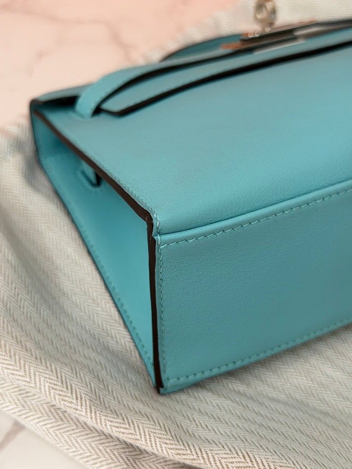 Hermès Kelly Pochette Swift Leather in Bleu Atoll 3P PHW Palladium Hardware Stamp T