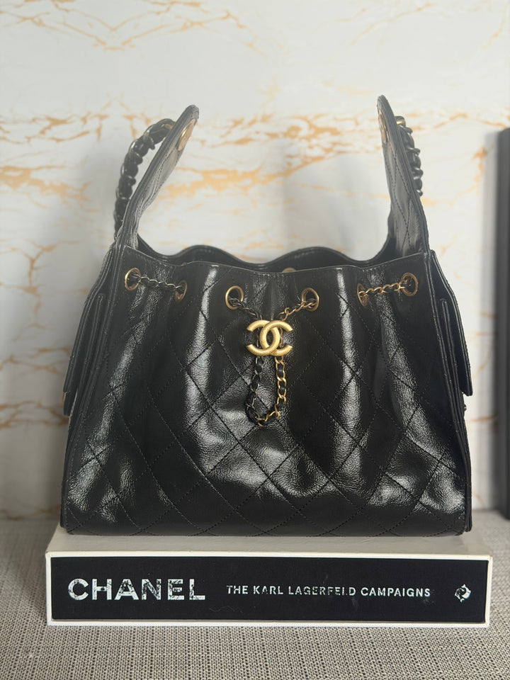 CHANEL Black Shiny Calf Skin Mixed Hardware 25 Hobo Bag size SMALL 2025/2026