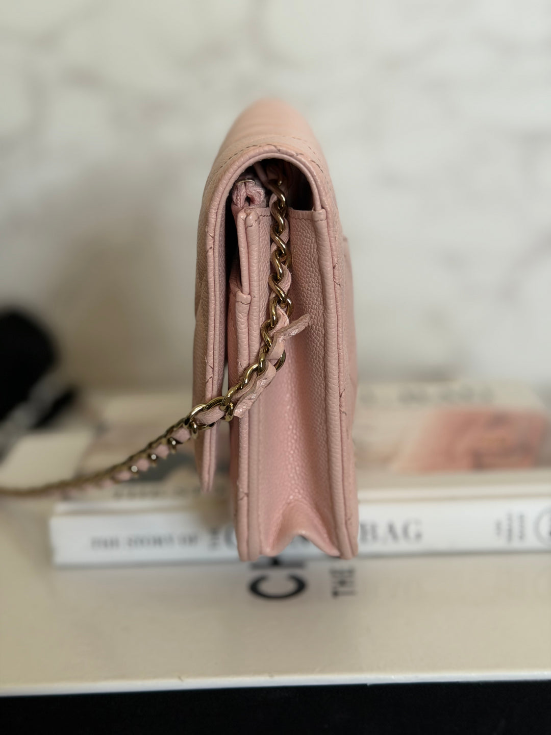 CHANEL Light pink/Nude pink caviar LGHW Classic Wallet on chain (WOC) 2024