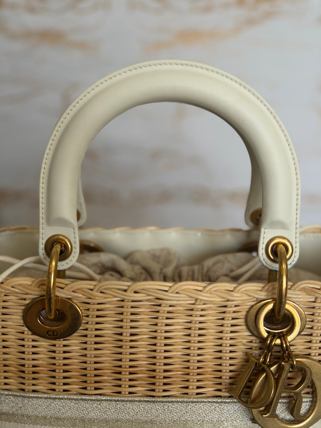 DIOR Lady Dior White/Gold Wicker Bag size SMALL with Guitar Strap